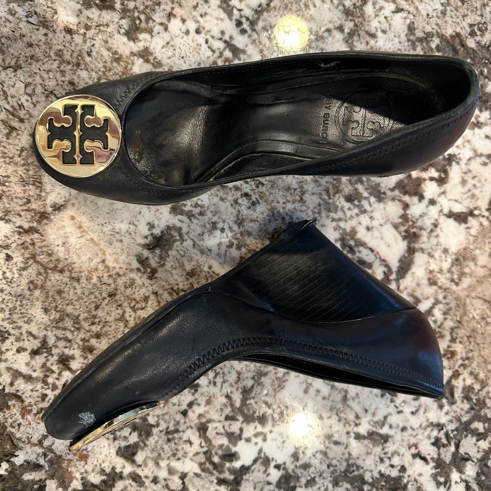 Tory Burch Black Heels with Gold Logo